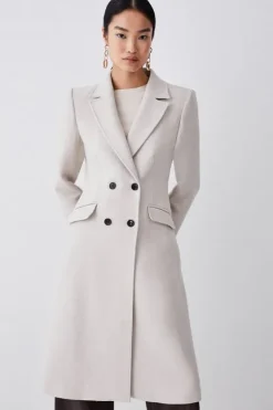 Karen Millen Tall Premium Italian Manteco Wool Fitted Tailored Midi Coat oatmeal Sale
