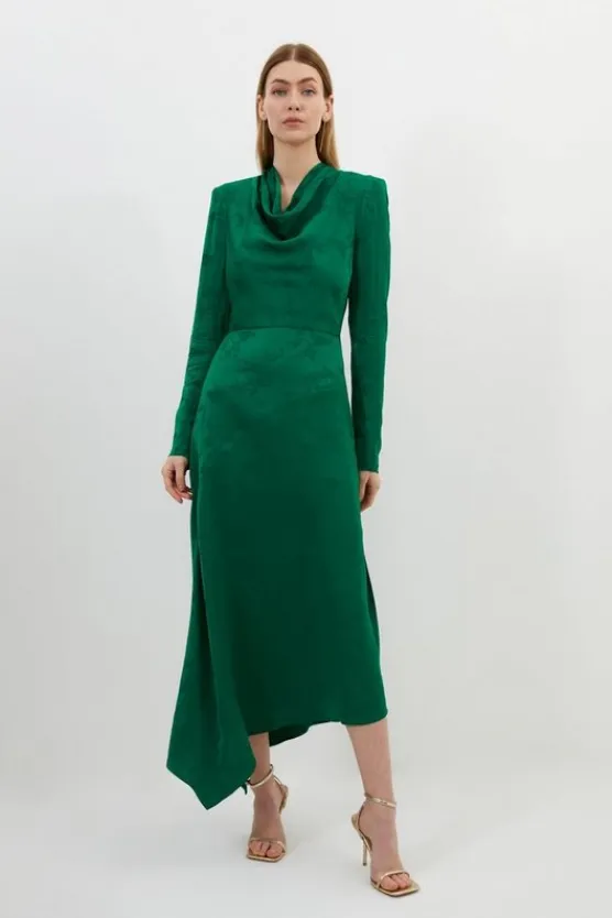 Karen Millen Tall Premium Jacquard Cowl Long Sleeve Woven Midi Dress green New