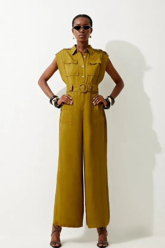 Karen Millen Tall Premium Linen Topstitch Belted Jumpsuit khaki Discount