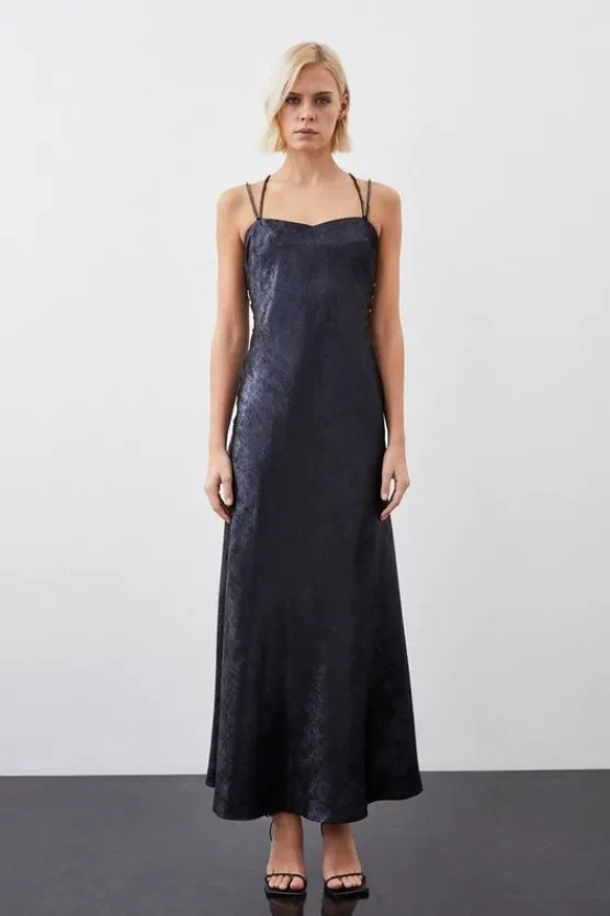 Karen Millen Tall Premium Metallic Diamante Detail Woven Midaxi Dress navy Sale