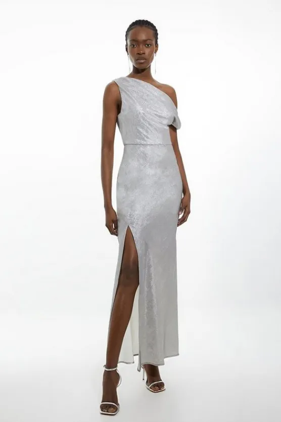 Karen Millen Tall Premium Metallic Ruched One Shoulder Maxi Dress silver Online