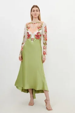 Karen Millen Tall Premium Satin Guipure Lace Maxi Dress sage Sale