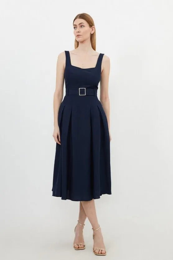 Karen Millen Tall Premium Tailored Linen Square Neck Belted Midi Dress navy Sale