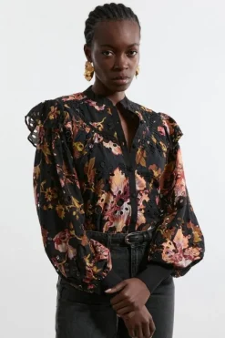Karen Millen Tall Printed Eyelet Woven Blouse With Guipure Trim floral Hot