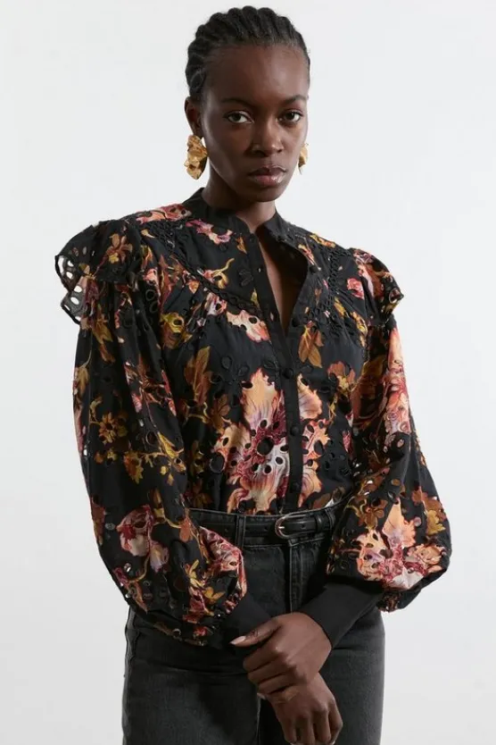 Karen Millen Tall Printed Eyelet Woven Blouse With Guipure Trim floral Hot