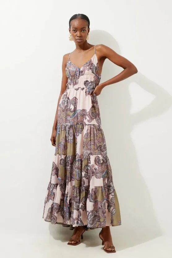 Karen Millen Tall Printed Paisley Maxi Cotton Woven Sun Dress olive Discount