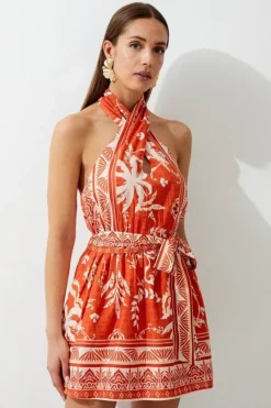 Karen Millen Tall Printed Viscose Cross Body Woven Mini Dress orange Discount