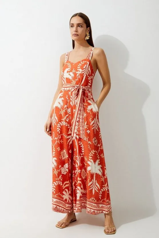 Karen Millen Tall Printed Viscose Woven Tie Waist Wide Leg Jumpsuit orange New