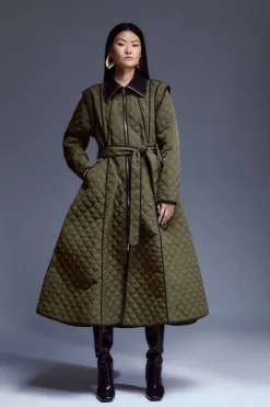 Karen Millen Tall Quilted Full Skirted Belted Midi Coat khaki Discount