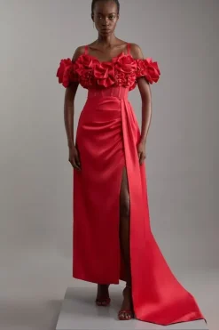 Karen Millen Tall Rosette Corset Lace Up Back Midaxi Dress red Hot