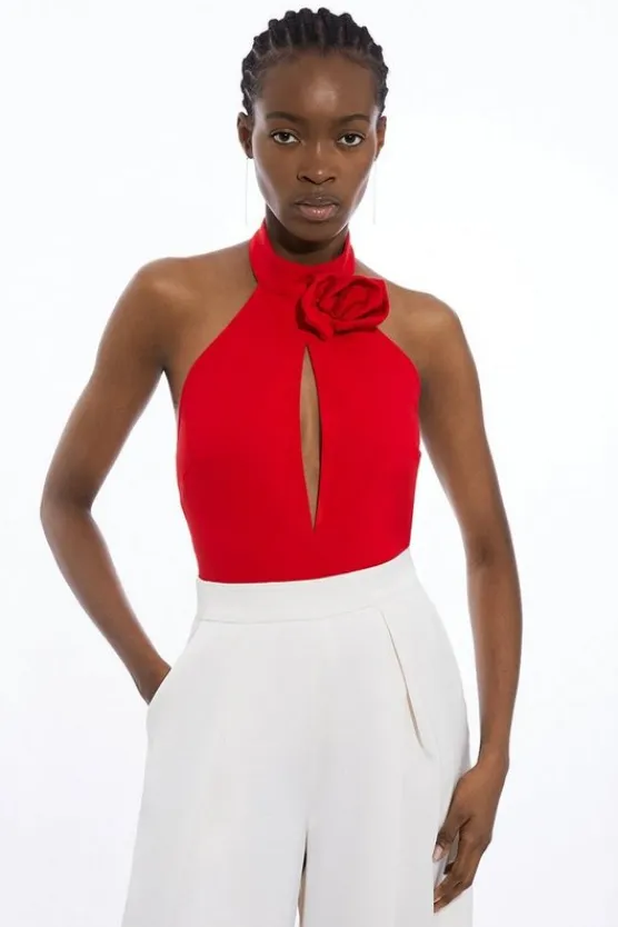Karen Millen Tall Rosette Ponte Jersey Keyhole Bodysuit red Sale