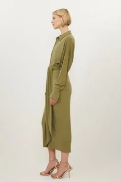 Karen Millen Tall Ruched Tie Waist Jersey Crepe Shirt Midi Dress khaki New