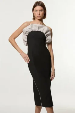 Karen Millen Tall Ruffle Taffeta Stretch Crepe Bandeau Tailored Midi Dress black Hot