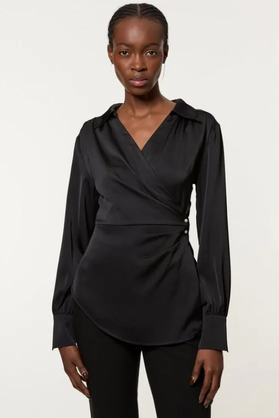 Karen Millen Tall Satin Back Crepe Pearl Detail Wrap Blouse black Fashion