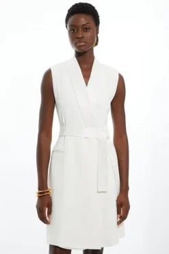 Karen Millen Tall Satin Back Crepe Sleeveless Tuxedo Tailored Wrap Mini Dress ivory Hot