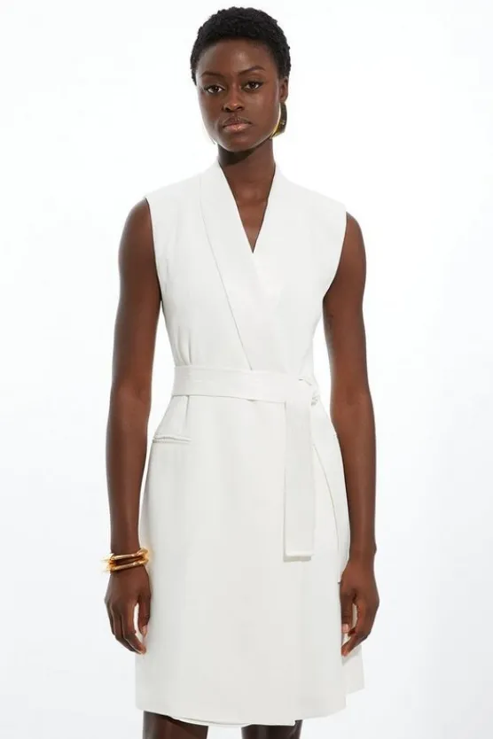 Karen Millen Tall Satin Back Crepe Sleeveless Tuxedo Tailored Wrap Mini Dress ivory Hot