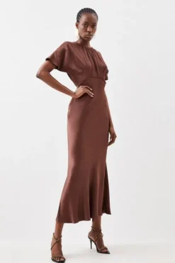 Karen Millen Tall Satin Woven Crepe Maxi Dress chocolate Fashion