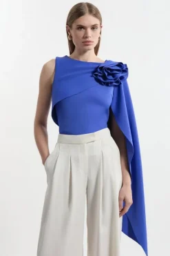 Karen Millen Tall Scuba Drama Ruffle Rosette Top cobalt Outlet
