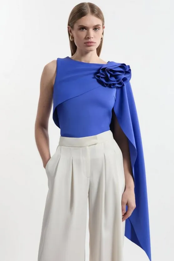 Karen Millen Tall Scuba Drama Ruffle Rosette Top cobalt Outlet