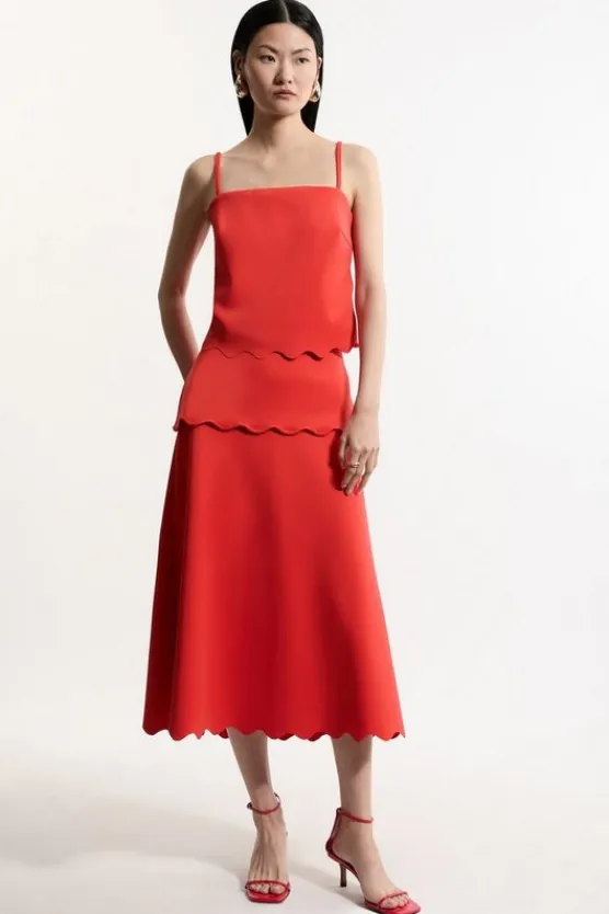 Karen Millen Tall Scuba Scallop Hem Woven Midi Skirt red Discount