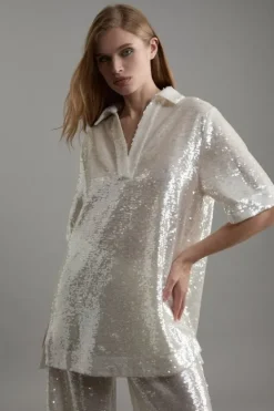 Karen Millen Tall Sequin Collard Woven Tunic silver Fashion