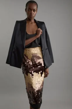 Karen Millen Tall Sequin Georgette Panelled Woven Midaxi Skirt bronze Hot
