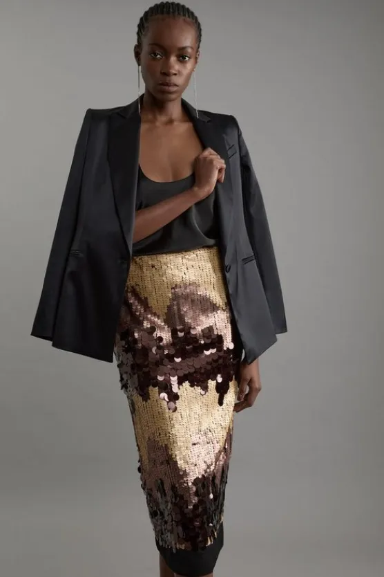 Karen Millen Tall Sequin Georgette Panelled Woven Midaxi Skirt bronze Hot