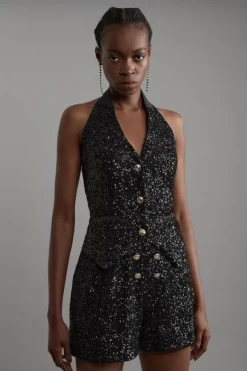 Karen Millen Tall Sequin Halter Neck Vest black Best