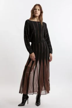 Karen Millen Tall Slinky Viscose Sheer Tie Detail Knit Dress black Clearance