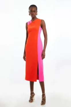 Karen Millen Tall Soft Tailo Color Block Split Strap Midi Dress red Hot
