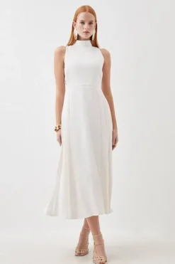 Karen Millen Tall Soft Tailored Pleated Panel Midaxi Dress ivory Fashion