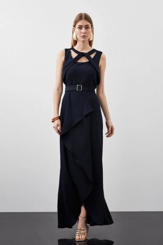 Karen Millen Tall Soft Tailored Tie Neck Detail Waterfall Maxi Length navy Fashion