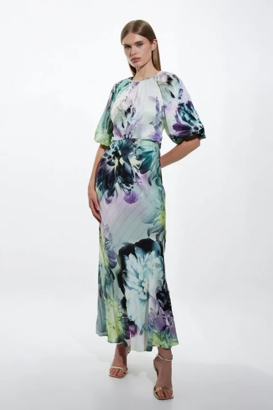 Karen Millen Tall Spring Floral Printed Hammered Satin Woven Midi Dress blue Clearance