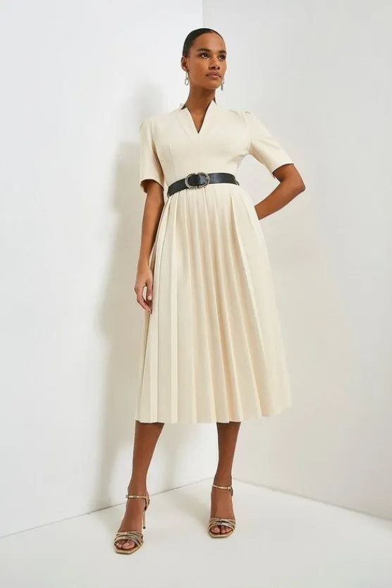 Karen Millen Tall Structured Crepe Forever Pleat Belted Midi Dress ivory Sale
