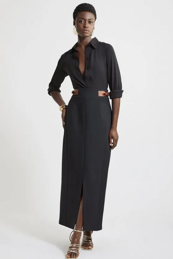 Karen Millen Tall Tailored Compact Stretch Tab Detail Midi Skirt black Discount
