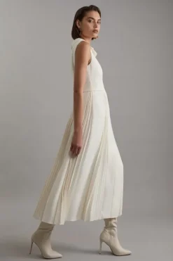 Karen Millen Tall Tailored Crepe Pleated Buckle Detail Sleeveless Midaxi Dress ivory Sale