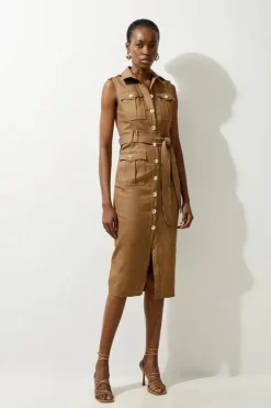 Karen Millen Tall Tailored Denim Cargo Pocket Belted Midi Shirt Dress tan Hot