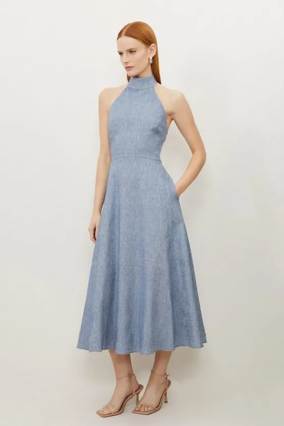 Karen Millen Tall Tailored Denim Linen Strappy Full Skirted Midi Dress blue Fashion