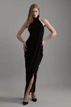 Karen Millen Tall Tailored Velvet Halter Neck Maxi Dress black Fashion