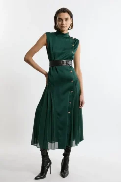 Karen Millen Tall Top Stitch Satin Georgette Strong Shoulder Midi Dress forest New