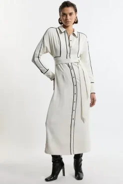 Karen Millen Tall Twill Contrast Piping Woven Midi Dress neutral Sale