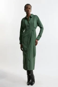 Karen Millen Tall Twill Midaxi Woven Shirt Dress With Belt khaki Outlet