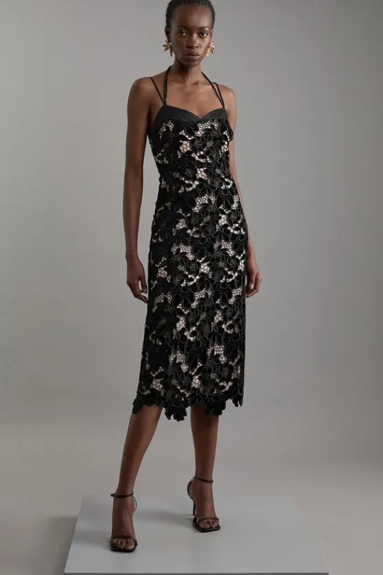 Karen Millen Tall Velvet Cutwork Lace Detail Strappy Midi Dress black New