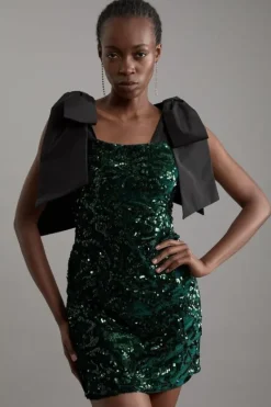 Karen Millen Tall Velvet Sequin Woven Mini Dress With Taffeta Tie Detail green Fashion