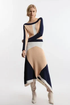 Karen Millen Tall Viscose Blend Asymmetric Color Block Dress neutral Discount