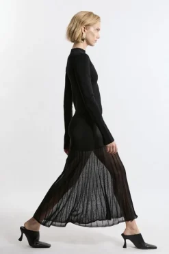 Karen Millen Tall Viscose Blend Knit Sheer Skirt Midaxi Dress black Clearance
