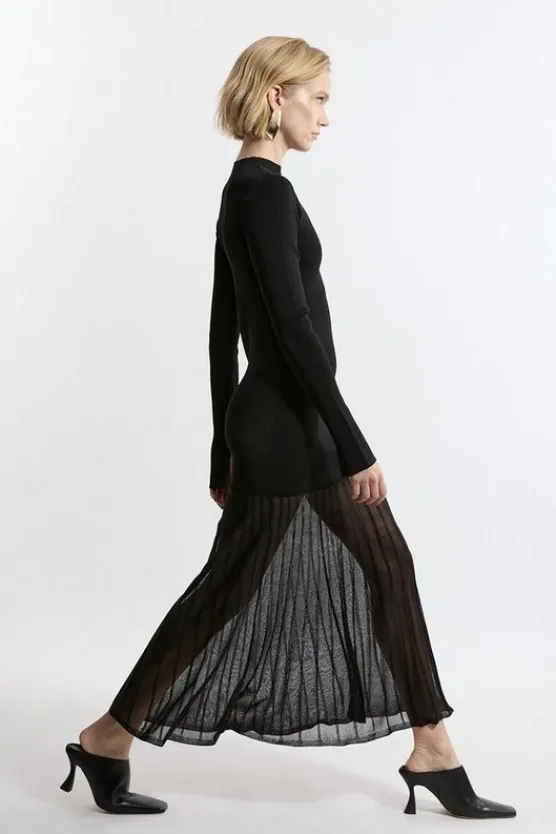 Karen Millen Tall Viscose Blend Knit Sheer Skirt Midaxi Dress black Clearance