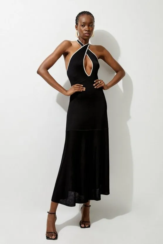 Karen Millen Tall Viscose Blend Slinky Knit Jacquard Maxi Column Dress black Discount