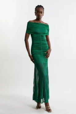 Karen Millen Tall Viscose Blend Slinky Sheer Knit Off The Shoulder Maxi Dress green Hot