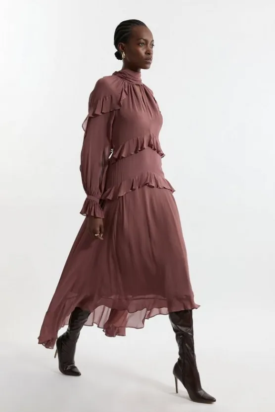 Karen Millen Tall Viscose Georgette Ruffle Detail Drama Woven Dress dustyrose Hot